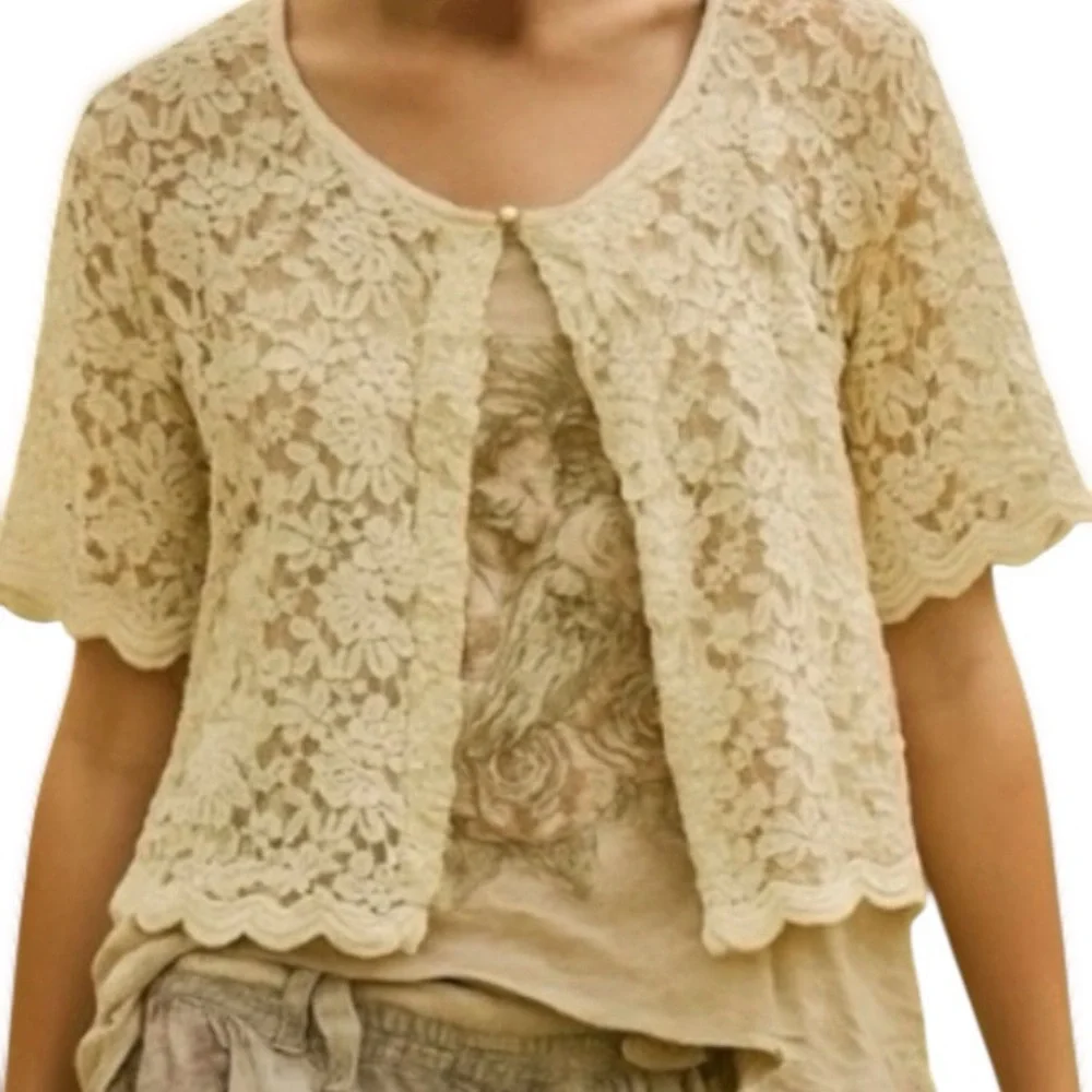 Connected Apparel XL Warm‎ Ivory Floral Lace Scalloped Shrug Fairycore Boho